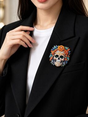 Colorful Sugar Skull Floral Brooch Pin - Multicolor